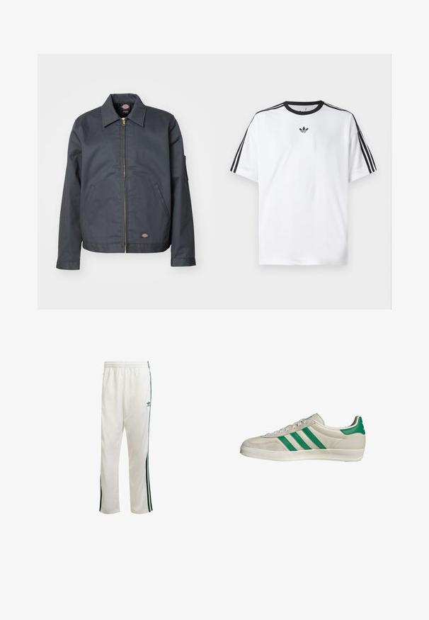 Donkergrijze jas gemaakt van stevig materiaal. Heeft een kraag, een ritssluiting aan de voorkant, zijzakken en een klein logo aan de onderkant van de voorkant. Soepele textuur.; Witte T-shirt van katoen, met een zwarte ronde halslijn en drie zwarte strepen op elke schouder. Klein zwart logo op de borst.; Witte sportbroek met groene zijkanten, elastische tailleband en een logo aan de bovenkant aan de linkerkant. Gemaakt van lichtgewicht stof.; Beige sneaker met groene strepen, voorzien van een witte zool en een bovenkant van glad leer. Zijaanzicht dat de veters en het logo benadrukt.