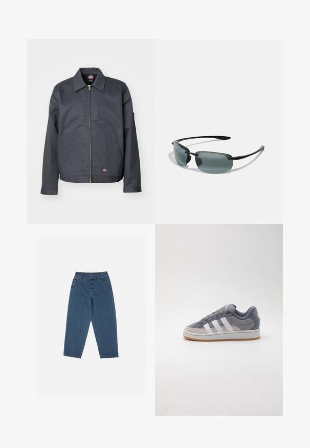 Veste gris foncé en tissu robuste. Dotée d'un col, d'une fermeture éclair à l'avant, de poches latérales et d'un petit logo sur le bas de l'avant. Texture lisse.; Trois t-shirts en coton blanc uni à manches courtes. Chaque t-shirt présente un col rond et une petite étiquette de logo noire sur le côté gauche.; Jean en denim bleu avec une coupe décontractée, taille haute, design à cinq poches et accents de couture. Dispose d'une fermeture par bouton et fermeture éclair.; Baskets en suede gris avec des rayures en cuir blanc, bout rond, semelle en caoutchouc plate et accents texturés. Design à lacets avec un col rembourré.; Lunettes de soleil avec des montures en métal noir, des branches fines et des verres gris dégradés rectangulaires ; elles présentent des plaquettes nasales en caoutchouc et un design minimaliste.