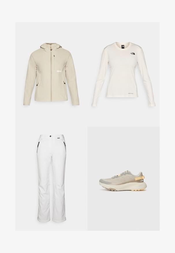 Beżowa kurtka o dopasowanym kroju, z przodu na zamek błyskawiczny, regulowanym kapturem i dwoma bocznymi kieszeniami, z czarnymi elementami metalowymi i detalem z logo.; The North Face - Bluzka z długim rękawem; Białe spodnie narciarskie o prostym kroju, z czarnymi zamykanymi kieszeniami i zapięciem na guzik w talii. Gładki, trwały materiał.; Jasno beżowe buty do biegania z teksturowanym siateczkowym wierzchem, szarymi akcentami, trwałą gumową podeszwą i tylną pętlą do łatwego zakładania.