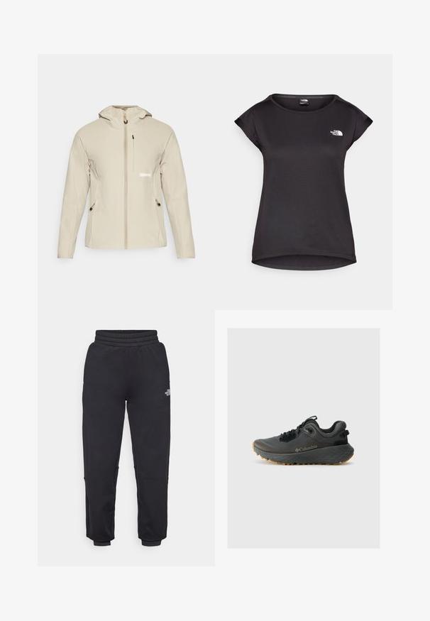 Beige dzseki, testhez simuló fazonnal, elől cipzárral, állítható kapucnival és két oldalsó zsebbel, fekete fémrészekkel és logó részlettel.; The North Face TANKEN TANK - Sportfelső - black; The North Face W MOUNTAIN ATHLETICS - Tréningruha alsók - black; Columbia TERRASTRIDE CRZ - Túracipők - shark/black