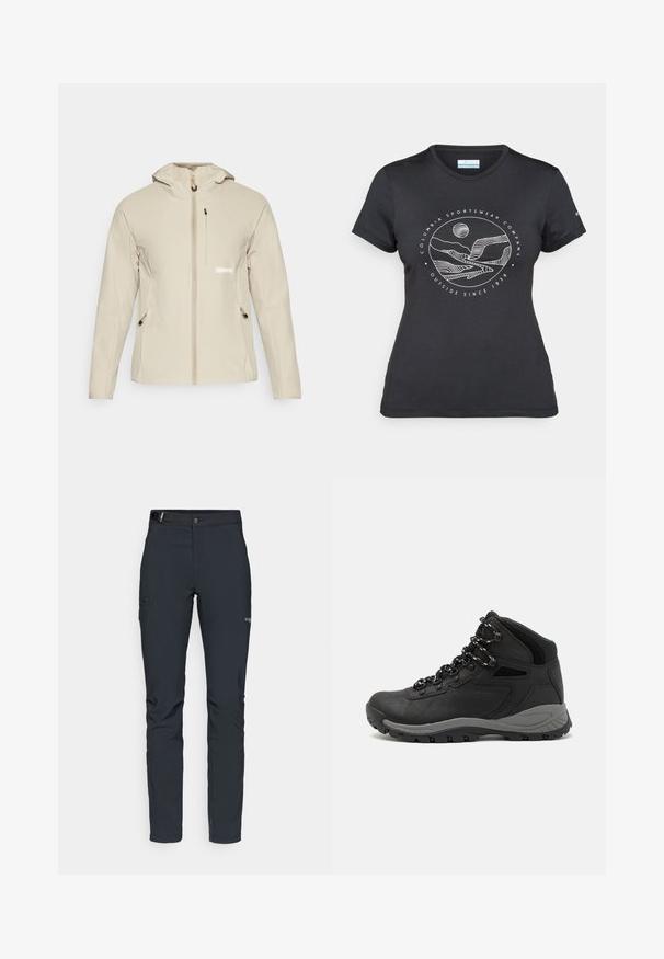 Bežna jakna s prilegajočo zasnovo, sprednjim zadrgo, nastavljivo kapuco in dvema stranskima žepe, ki imata črne kovinske dodatke in podrobnost z logotipom.; Črna majica Columbia z belim krožnim risanjem gora in reke ter napisom "Columbia Sportswear Company Outside Since 1938."; Moške zunanje hlače, temno siva, izdelane iz fleksibilnega materiala, z pasom, žepom na zadrgo in ojačanim šivanjem.; Črne pohodniške čevlje z srednje visokim dizajnom, ki imajo teksturirano zgornji del, sivi dodatki in vzdržljiv gumen podplat s protizdrsnimi izboklinami.