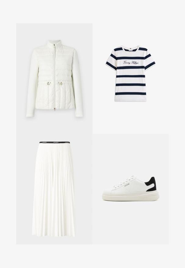 Veste blanche avec un devant matelassé, des manches lisses, un col montant et des accents en métal avec une fermeture éclair centrale.; T-shirt en coton avec des rayures horizontales bleu marine sur un fond blanc. "Tommy Hilfiger" brodé en écriture cursive sur la poitrine. Encolure ras du cou.; Jupe plissée blanche avec une taille élastique noire portant le logo "LACOSTE". Design mi-long avec une texture douce.; Baskets en cuir blanc avec une épaisse semelle blanche, un accent en daim noir au niveau du talon et un logo embossé sur le côté. Design à lacets avec six œillets.