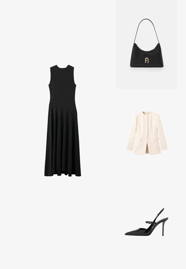 Light beige tailored jacket with a fitted design, round neckline, and front pockets. Smooth fabric with a minimalist aesthetic.; Black sleeveless maxi dress with a fitted bodice and flared skirt, featuring a smooth texture and minimalistic design, no visible fastenings.; Black patent leather slingback high heels with a pointed toe, adjustable strap, and stiletto heel. Smooth surface with shiny finish.; Black handbag made of smooth material, featuring a curved shape, a single strap, and a gold-colored logo accent on the front.