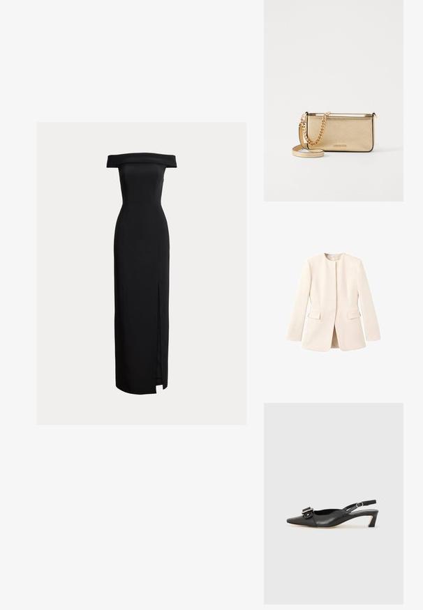 Ljust beige skräddarsydd jacka med en figursydd design, rund halsringning och framfickor. Slät tyg med en minimalistisk estetik.; Svart off-shoulder midiklänning, figursydd silhuett, sidoklyvning, slät textur, minimalistisk design, utan synliga knäppningar.; Svart lädersko med slingback, spetsig tå, liten klack och dekorativ spänndetalj på ovansidan. Slät struktur, minimalistisk design.; Metallich guld läderklutch med en texturerad yta, utrustad med en guld kedjestropp och en avtagbar axelrem. Varumärkeslogotyp präglad.