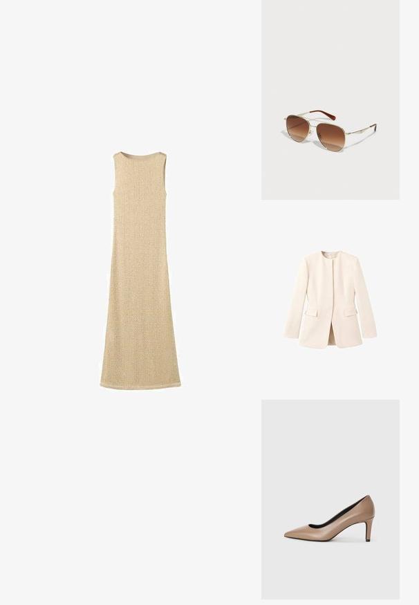 Lys beige skræddersyet jakke med en tætsiddende design, rund halsudskæring og forlommer. Glat stof med en minimal æstetik.; Beige ærmeløs kjole med et struktureret strikkemønster, lang længde og en glat rund halsudskæring, der har et diskret vævet design gennem hele kjolen.; Beige læder høje hæle med spids tå og 7 cm stiletthæl. Glat tekstur og en beskedent krum silhuet for et strømlinet udseende.; Solsikker i guldmetalramme med gradient brune linser. Har en unik geometrisk form og brune accenter på stængerne. Letvægtsdesign.; Brun læder crossover-taske med afrundede kanter, magnetisk klaplukning og guldbeslag. Justerbar rem for alsidighed.