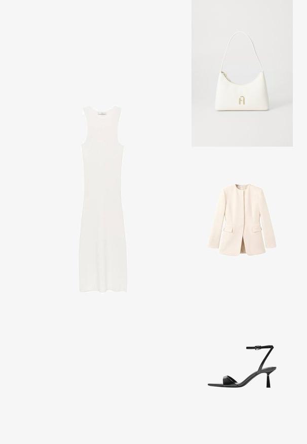 Giacca su misura beige chiaro con un design aderente, scollo rotondo e tasche frontali. Tessuto liscio con un'estetica minimalista.; Abito bianco senza maniche, in maglia a costine e con silhouette aderente, che arriva sotto il ginocchio. Design semplice e minimalista, privo di motivi o accessori.; Bershka Sandali con tacco - black; Borsa bianca con una forma curvata e una texture liscia. Presenta un accentuato logo dorato e una chiusura con zip. Tracolla regolabile.