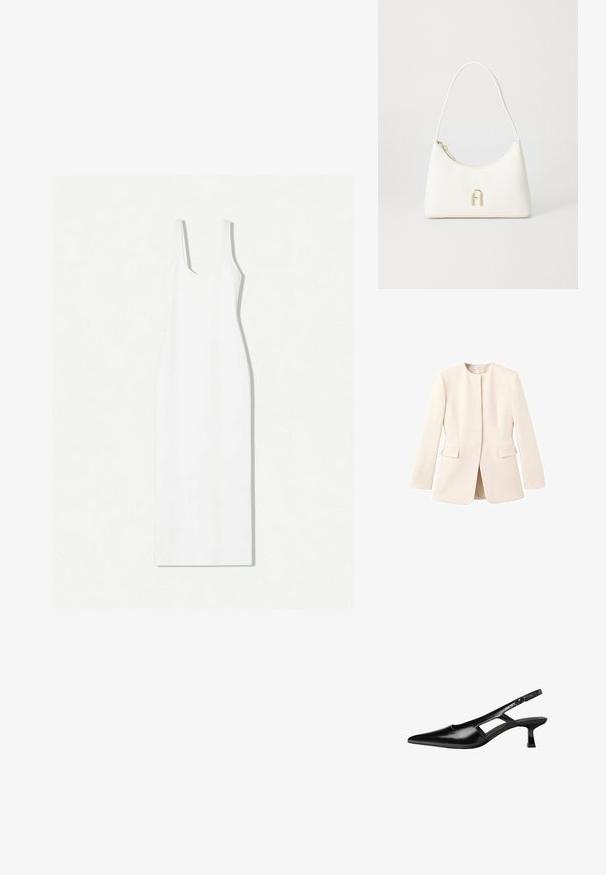 Svijetlo bež sako s krojem koji se prilagođava tijelu, okruglim izrezom i prednjim džepovima. Glatka tkanina s minimalističkom estetikom.; Bijela haljina bez rukava s izrezom u obliku scoop-a, uskog kroja i donjim rubom do gležnjeva. Izrađena od glatkog materijala s minimalističkim dizajnom.; Crne lakirane natikače na remenčić sa špicastim nosom, dizajnom sa izrezima sa strane i malim kvadratnim potplatom. Glatka tekstura s minimalnim akcentima.; Bijela torba u obliku lukova s glatkom teksturom. Ima zlatni logotip kao ukras i zatvaranje na patentni zatvarač. Podesiva naramenica.