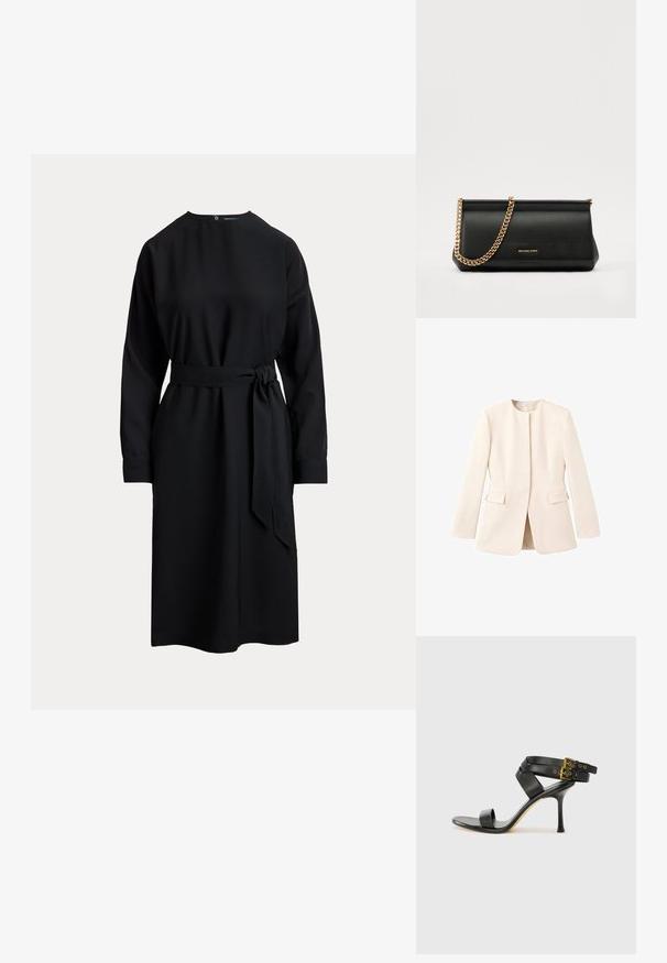 Lichtbeige op maat gemaakte jas met een getailleerd ontwerp, ronde halslijn en voordozen. Gladde stof met een minimalistische esthetiek.; Zwarte lange mouwen jurk met een hoge hals, een ceintuur in de taille en een rechte snit. Gemaakt van gladde stof, met een knoopsluiting aan de achterkant.; Zwarte hoge hak sandaal met gekruiste bandjes en verstelbare gespsluiting. Heeft een gladde textuur en een taps toelopende stilettohak.; Zwarte leren clutch tas met een gouden kettinghengsel, voorzien van een gladde textuur, rechthoekige vorm en reliëfmerk op de voorkant.