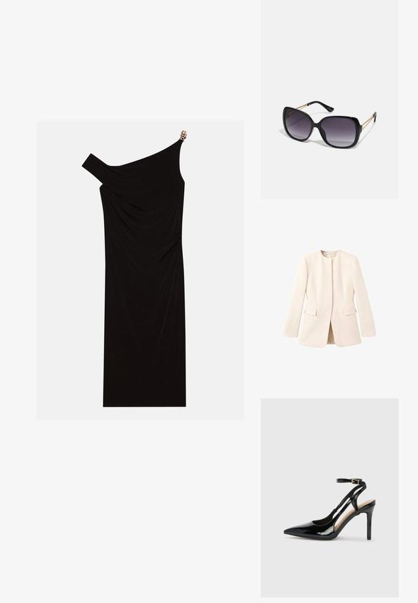 Lys beige skræddersyet jakke med en tætsiddende design, rund halsudskæring og forlommer. Glat stof med en minimal æstetik.; Sort en-skulder kjole lavet af draperet stof med en gylden detalje på skulderen, glat tekstur og knælangt design.; Sorte laklæder højhælede slingback-sko med spids tå, justerbar ankelrem og åben sider. Glat tekstur.; Sorte oversized solbriller med gradientlinser, tykke stel og guldfarvet kæde detaljer på tempelarmene.