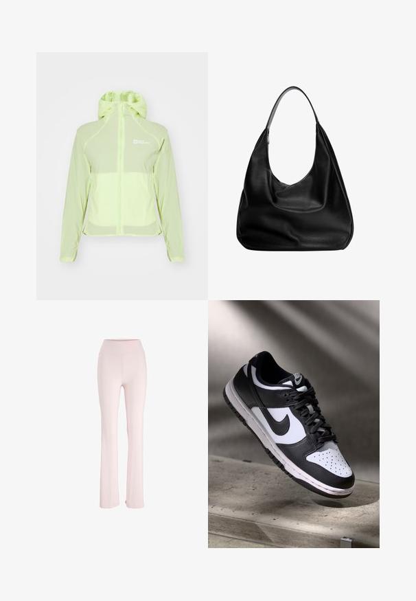 Lichte, waterdichte jas in neonlimoengroen. Voorzien van een volledige rits, verstelbare capuchon en soepel synthetisch materiaal. Logo op de bovenste linkerzijde.; Lichtbeige ronde hals trui gemaakt van zacht breiwerk. Heeft lange mouwen en geribbelde manchetten, met een relaxte pasvorm en minimalistisch ontwerp.; Zachte, stretchy lichtroze flare-broeken met een hoge tailleband en zonder zichtbare patronen of hardware.; Zwart-witte Nike Dunk Low sneaker met een leren bovenwerk, geperforeerde neus, en zwarte veters, met een witte zool en logo-accenten.; Zwarte leren hobo tas met een slouchy ontwerp, brede schouderband en een gladde textuur. Heeft een enkele ritssluiting aan de zijkant.
