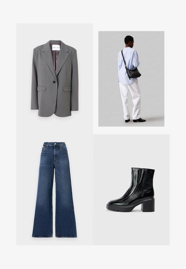 Samsøe Samsøe HAVEN - Bleiser - iron gate; Must musta t-särk lühikeste käistega, ümberringi kaelusega ja väikese valge "Calvin Klein" logo'ga rinnal. Sile tekstuur, klassikaline lõige.; Kõrge vöökohaga, laiad teksad, valmistatud tumedast sinisest denimist, nööbivarraga, viie tasku ja kerge pleekimisega reie piirkonnas.; Mustmustest must paeltega särkide, millel on kõver varvas, elastsed külgpaneelid ja jäme plokkpealse. Tagaküljel on reljeefne logo.; Must have mustras alasi nahkpatsi, pehme tekstuuriga, kolmnurkse kujuga ja reguleeritava rihmaga, koos helesinise triibulise särgi ja valgete pükstega.