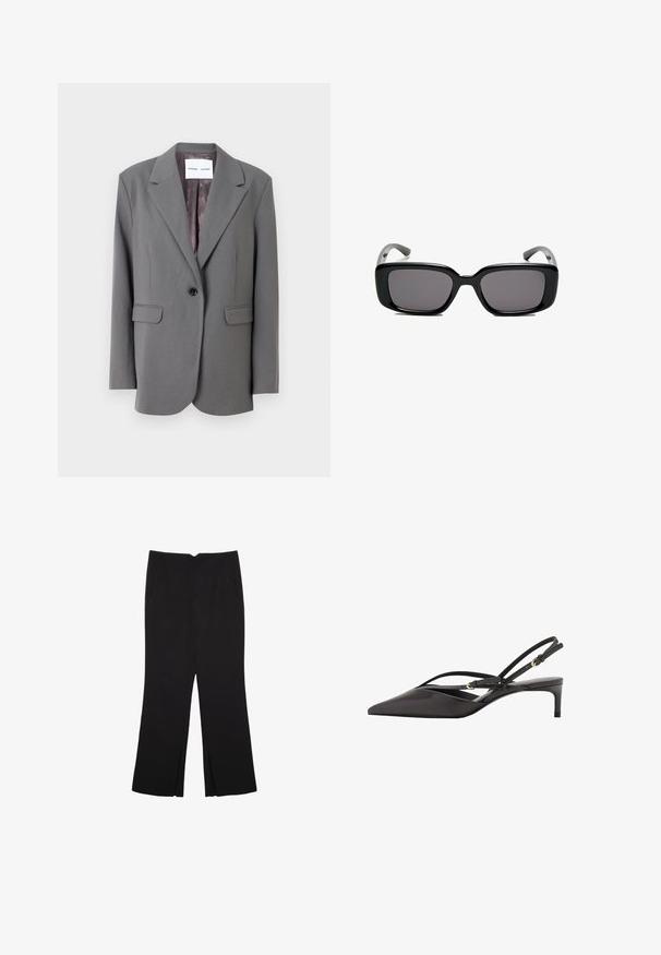 Samsøe Samsøe HAVEN - Suknjič - iron gate; Bela brezrokavnica s okroglim izrezom. Narejena iz gladkega materiala, ima sproščen kroj in minimalističen dizajn. Brez vzorcev ali okrasnih elementov.; Črne hlače ravnega kroja z naglavnimi žepi in stranskimi razporki na robu. Narejene iz mehke, gladke tkanine. Primerne za različne priložnosti.; Črne usnjene slingback čevlje s koničastim nosom, vitkimi gležnjastimi trakovi in nizkim stiletto peto. Gladka tekstura z minimalističnim dizajnom.; Črne pravokotne sončne očala z temnimi lečami, gladkim plastičnim okvirjem in ukrivljenimi nogicami. Oblika je robustna in minimalistična.