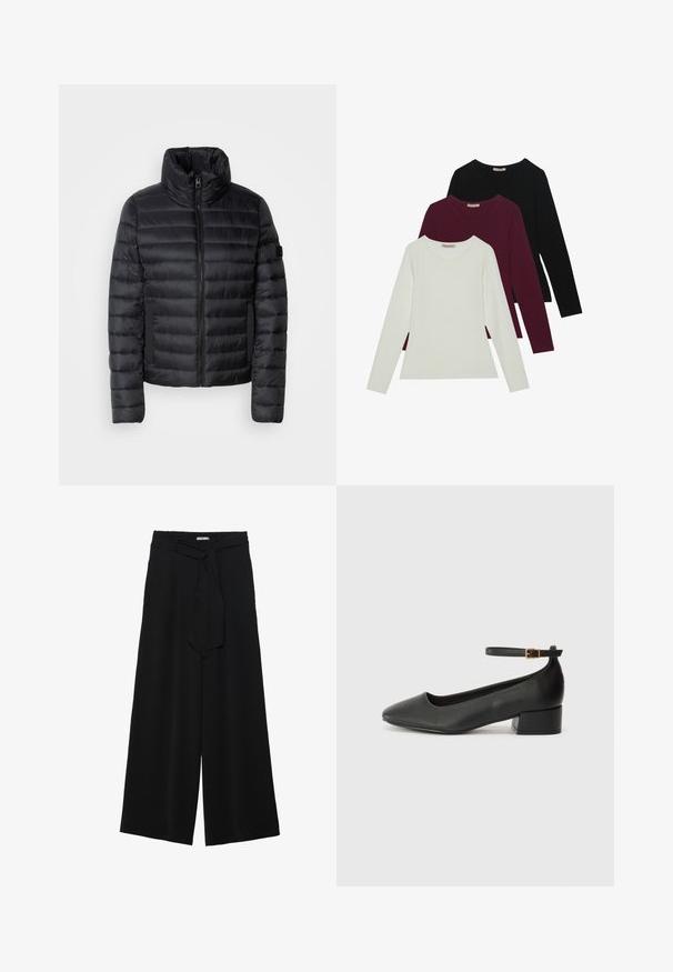 Black puffer jacket with a high collar, featuring quilted panels, a front zipper, and elastic side pockets. Lightweight and compact design.; Long-sleeve t-shirts in white, burgundy, and black. Made of soft fabric with a round neckline and fitted design. Suitable for layering.; Black wide-leg pants featuring a textured fabric, an elastic waistband, and a detachable sash tie at the waist for adjustable fit.; Black leather pump with a pointed toe and a low block heel. Features an ankle strap with a gold-tone buckle. Smooth texture.