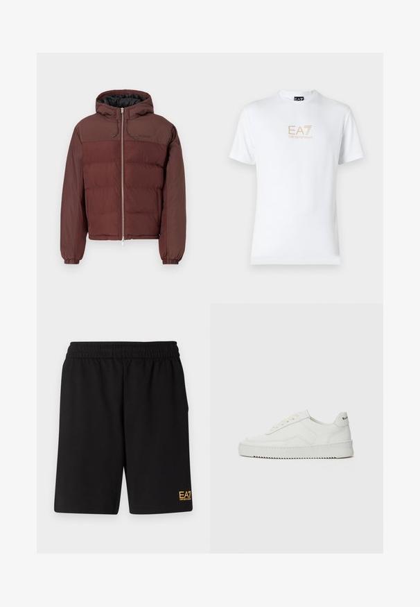 Giacca puffer bordeaux con cappuccio, polsini elastici e zip frontale. Presenta una combinazione di trame di tessuto lisce e trapuntate.; T-shirt bianco in cotone con scollatura rotonda e maniche corte, con il logo oro EA7 Emporio Armani stampato sul fronte.; Pantaloni sportivi neri realizzati in tessuto morbido, con vita elastica e un piccolo logo EA7 giallo sulla parte bassa della gamba sinistra.; Sneaker in pelle bianca con una finitura liscia, punta rotonda, lacci piatti e suola testurizzata. Presenta un logo discreto sul tallone.