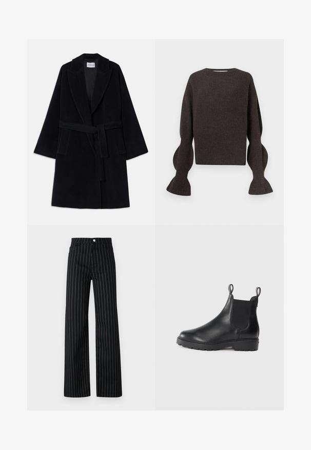 Juodas vilnonis paltas su šalikiniu apykaklė, plačiomis rankovėmis ir atitinkančiu diržu. Yra dvi šoninės kišenės ir lygi, tekstūruota apdaila.; Tamsiai rudos spalvos megztinis su apvaliu iškirpimu, balioninės rankovės ir suteiktu tekstūros raukšlėmis. Turi trumpą dizainą ir švelnų permatomumą.; Juodos plačios kelnės su vertikaliomis mėlynomis juostelėmis, su klasikiniu penkių kišenių dizainu ir priekiniais mygtukais.; Juodi odiniai auliniai batai iki kulkšnių su elastingomis šoninėmis dalimis, apvaliu pirštu, storu padu ir kilpomis patogiam apsivilkimui. Lygus paviršius ir minimalus dizainas.