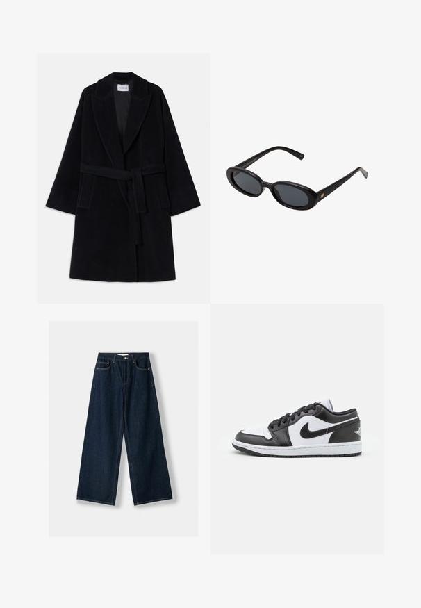 Cappotto di lana nero con colletto a scialle, maniche larghe e una cintura coordinata. Presenta due tasche laterali e una finitura liscia e strutturata.; Maglione a collo alto color panna realizzato in morbido tessuto lavorato a maglia. Presenta polsini e orlo a costine, con una vestibilità rilassata e spalle scese.; Jeans larghi blu scuro in denim. Presentano cinque tasche, una chiusura con bottone e cerniera, e dettagli di cuciture a contrasto.; Le sneaker Nike a basso profilo in bianco e nero presentano una tomaia in pelle liscia, punta rotonda, chiusura con lacci e una suola in gomma con un motivo.; Occhiali da sole neri oversize con lenti ovali, montatura in plastica liscia e accenti dorati sulle tempie. Le lenti scure offrono protezione dal sole.; Borsa a tracolla in camoscio marrone scuro con tracolla regolabile, dettagli in metallo color oro e grande chiusura a patta frontale.