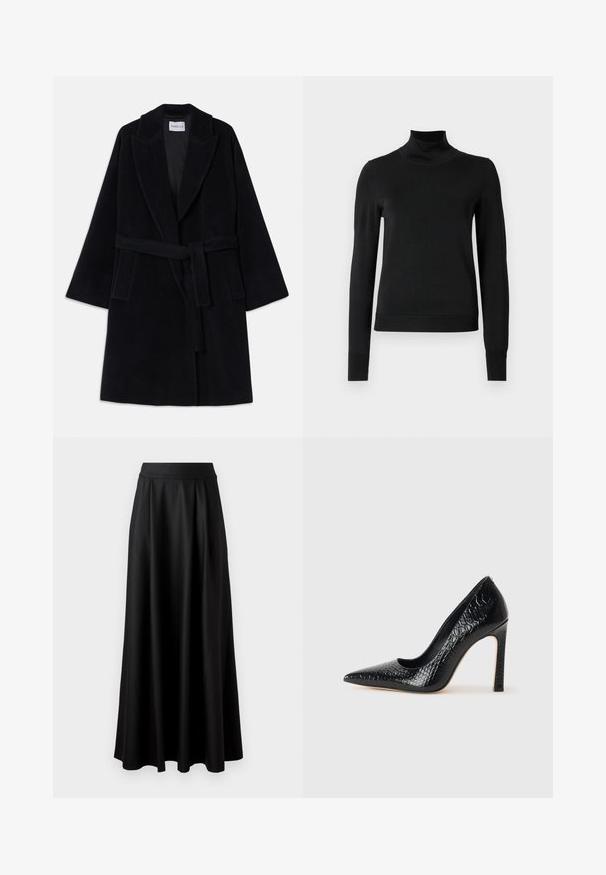 Crni vuneni kaput s šalom, širokim rukavima i odgovarajućim remenom. Ima dva bočna džepa i glatku, teksturiranu površinu.; Crna dugosruga majica s rolijom i rebrastim manžetama i donjim rubom, prikazana na jednostavnoj bijeloj pozadini.; Crna suknja do poda s glatkom teksturom, širokim pojasom i nabranim dizajnom, bez vidljivih uzoraka ili ukrašavanja.; Crne visoke potpetice s oštrim prstima, od teksture krokodilske kože, elegantnog dizajna, visoke stiletto potpetice i glatkog crnog unutrašnjosti.