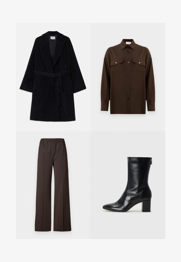 Black wool coat with a shawl collar, wide sleeves, and a matching belt. Features two side pockets and a smooth, textured finish.; Dark brown long-sleeve button-up shirt with two flap chest pockets and a classic collar, displayed against a plain white background.; Wide-leg trousers in dark brown fabric with an elastic waistband, featuring a smooth texture and clean lines for a tailored look.; Black leather ankle boot with a pointed toe and 4 cm block heel. Sleek design features a side zipper for easy wear. Smooth texture.