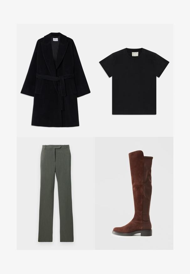 Black wool coat with a shawl collar, wide sleeves, and a matching belt. Features two side pockets and a smooth, textured finish.; Black short-sleeve crew neck t-shirt with a white tag inside the collar labeled "D.R.C. EST. 2002" on a white background.; Dark gray pinstripe tailored trousers with belt loops and a straight-leg fit laid flat on a white background.; Tall brown suede and fabric boot with low black heel and rounded toe, shown in side view on plain white background.