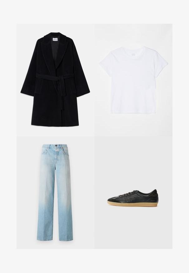 Casaco de lã preto com colarinho tipo xale, mangas largas e um cinto coordenado. Possui dois bolsos laterais e um acabamento suave e texturizado.; FRAME BABY TEE - T-shirt básica - white; Jeans de ganga larga em azul claro, com um degradê desbotado, apresentando um design clássico de cinco bolsos e fecho de botão metálico.; Sapatilhas de couro preto com detalhes em camurça, bico arredondado, sola de borracha de goma, atacadores planos e costuras decorativas. Apresenta o logótipo da marca no calcanhar.