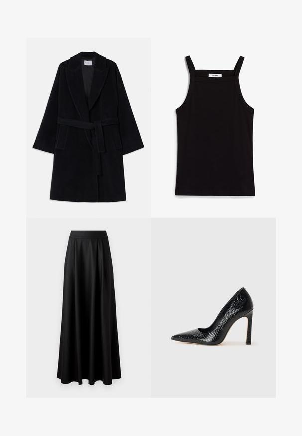 Fekete gyapjú kabát sálgallérral, széles ujjal és illeszkedő övvel. Két oldalzsebet tartalmaz, sima, texturált felülettel.; Fekete ujjatlan felső, vékony spagetti pántokkal, bordás anyagból készült, egyenes vonalú fazonnal, a nyakrészen "IVY OAK" felirattal.; Fekete, földig érő szoknya sima textúrával, széles derékrésszel és plisszézett dizájnnal, látható minták vagy díszítések nélkül.; Fekete hegyes orrú magassarkú cipő krokodilbőr textúrával, letisztult dizájnnal, magas tűsarkú és sima fekete belső résszel.