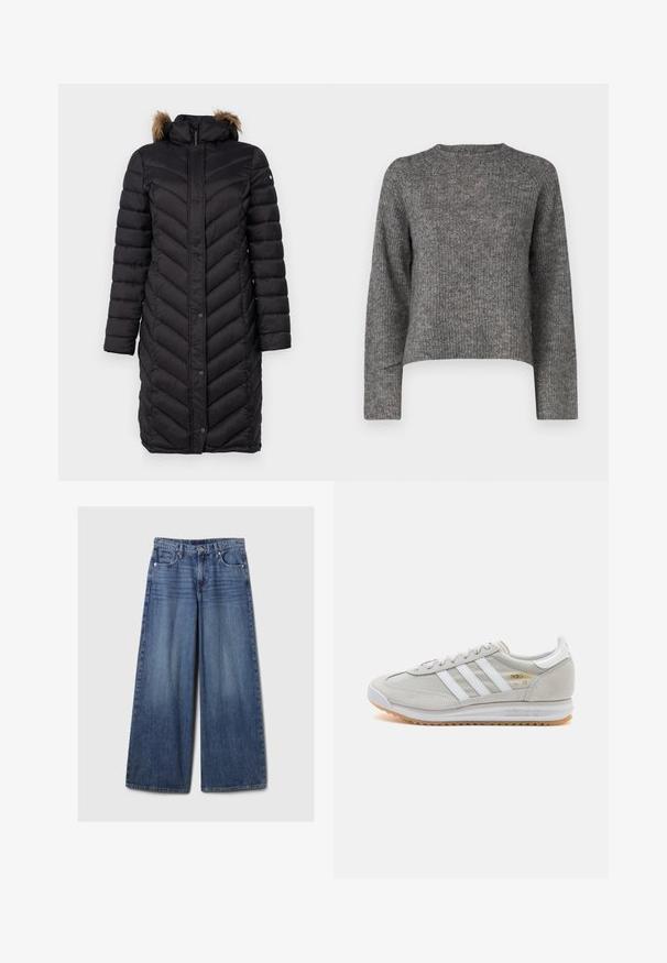 Črna puhovka s kapuco, ki ima umetno krzno. Chevron šivi po vsej dolžini, zappi in srednja dolžina.; Siv posebej pleten pulover z dolgimi rokavi, okroglo izreznico in sproščenim krojem. Teksturovan material in skrajšana dolžina. Brez dodatnih podrobnosti.; Široke jeans hlače iz modrega denima z bledečim finišem, z gumbom in zadrgo, petimi žepi in zanko za pas.; Svetlo sivi tenisice od antilopa i mrežaste tkanine, s tri bijele pruge, okruglim vrhom i gumenim potplatom. Zlatni logo akcent blizu vezica.