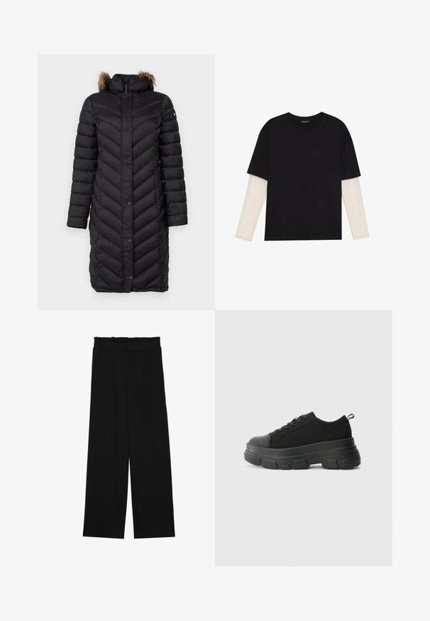 Casaco puffer preto com capuz e acabamento em pelo sintético. Costura em padrão chevron por todo o casaco, fechos de pressão e um design de comprimento médio.; T-shirt preta de algodão, com mangas curtas sobre uma camada de mangas longas branca com um padrão texturizado subtil. Design de decote redondo.; Calças largas pretas com um cinto franzido, apresentando dois bolsos laterais e um tecido suave e leve. Sem padrões ou ferragens visíveis.; Sneakers pretos com sola de borracha robusta, parte superior de tecido texturizado, bico redondo e design de atacadores. Apresenta ilhós reforçados e uma alça na parte posterior.