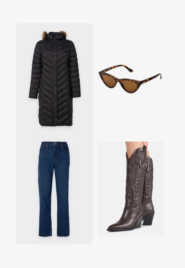 Μαύρο μπουφάν με κουκούλα που διαθέτει ψεύτικη γούνα. Έχει βελονάκι σε σχήμα ρόμβου, κουμπώματα με κουμπιά και σχεδιασμό μεσαίου μήκους.; Λευκό μανίκι τοπ χωρίς μανίκια φτιαγμένο από ριμπ ύφασμα, με στρογγυλή λαιμόκοψη και εφαρμοστή σιλουέτα, με ελάχιστες ραφές και χωρίς διακοσμήσεις.; Σκούρο μπλε τζιν παντελόνι με ίσια γραμμή, πέντε τσέπες, πορτοκαλί ραφές και κουμπί στη μέση.; Καφέ δερμάτινες καουμπόικες μπότες με μυτερή μύτη και τετράγωνη σόλα, με λεπτομερή ραφή και ανυψωμένα στοιχεία στον κορμό.; Γυαλιά ηλίου τύπου cat-eye με μαύρο και πορτοκαλί καβούκι, καφέ φακούς και κομψές, μυτερές άκρες. Φέρουν ένα μίνιμο λογότυπο στο βραχίονα.