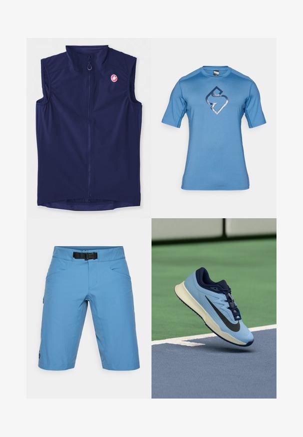 Colete sem mangas azul marinho feito de tecido elástico, com fecho à frente e um colarinho alto; inclui um logótipo no lado superior esquerdo.; Camiseta atlética azul de manga curta feita de tecido suave, apresentando um logotipo azul escuro no centro. Design sem costura nos ombros com decote redondo.; Calções azul-claro com um cinto, feitos de um tecido suave. Inclui dois bolsos frontais e um bolso lateral com fecho. ; Shoe desportivo azul claro com realces em azul-marinho, parte superior em malha texturizada e logo Swoosh preto. Apresenta uma entressola acolchoada e sola de borracha.