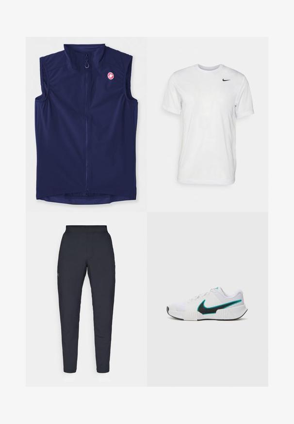 Mornarskoplavi bezrukavnik izrađen od rastezljivog materijala, s prednjim zatvaračem i visokim ovratnikom; sadrži logo na gornjoj lijevoj strani.; Bijela kratkotrajna majica s kratkim rukavima izrađena od glatkog materijala. Ima okrugli izrez i mali crni Nike logo na lijevoj strani prsnog koša.; Crne sportske hlače s glatkom teksturom, uskih krojeva, elastičnim pojasom i bočnim džepovima. Imaju mali logo na lijevom bedru.; Bijela atletska cipela s teksturiranim mrežastim gornjim dijelom, crnim gumiranim potplatom i akcentom u boji tirkizne na Nike swoosh oznaci. Ima vezice i podstavljeni ovratnik.