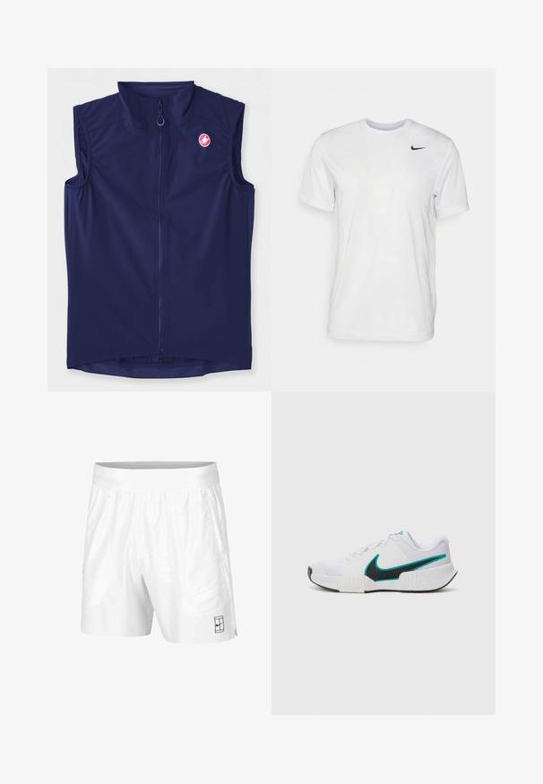 Navy blue ilmanhihaista liiviä, joka on valmistettu joustavasta kankaasta. Siinä on edessä vetoketju ja korkea kaulus; vasemmassa yläkulmassa on logo.; Valkoinen lyhythihainen t-paita, joka on valmistettu sileästä kankaasta. Ominaisuuksina pyöreä kaula-aukko ja pieni musta Nike-logo vasemmassa rinnassa.; Valkoiset urheilushortsit, jotka on valmistettu kevyestä kankaasta, joustovyötäröllä. Siinä on kaksi sivutaskua ja pieni musta logo helman kohdalla.; Valkoinen urheilukenkä, jossa on teksturoidusta verkkokankaasta valmistettu päällinen, musta kumipohja ja teal-värinen Nike-swoosh-korostus. Varustettu nauhoilla ja pehmustetulla nilkkapannalla.