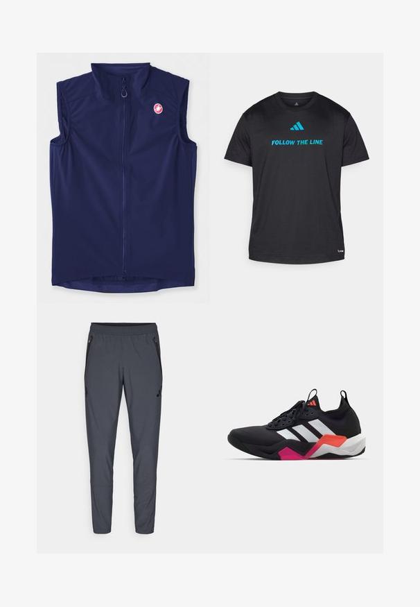 Mörkblå ärmlös väst i stretchmaterial, med dragkedja framtill och hög krage; inkluderar en logotyp på övre vänstra sidan.; Svart tränings t-shirt i lättviktsmaterial, med "FOLLOW THE LINE" i klarblått och en liten logotyp nära nederkanten.; Grå sportbyxor med elastisk midja, fickor med dragkedja på sidorna och en logotypdetalj på vänster lår. Tillverkade av lättviktsmaterial.; Svart träningsskor med vita ränder, texturerad överdel och en kraftig sula med orange, rosa och vita accenter. Snörningsdesign med dragflik.