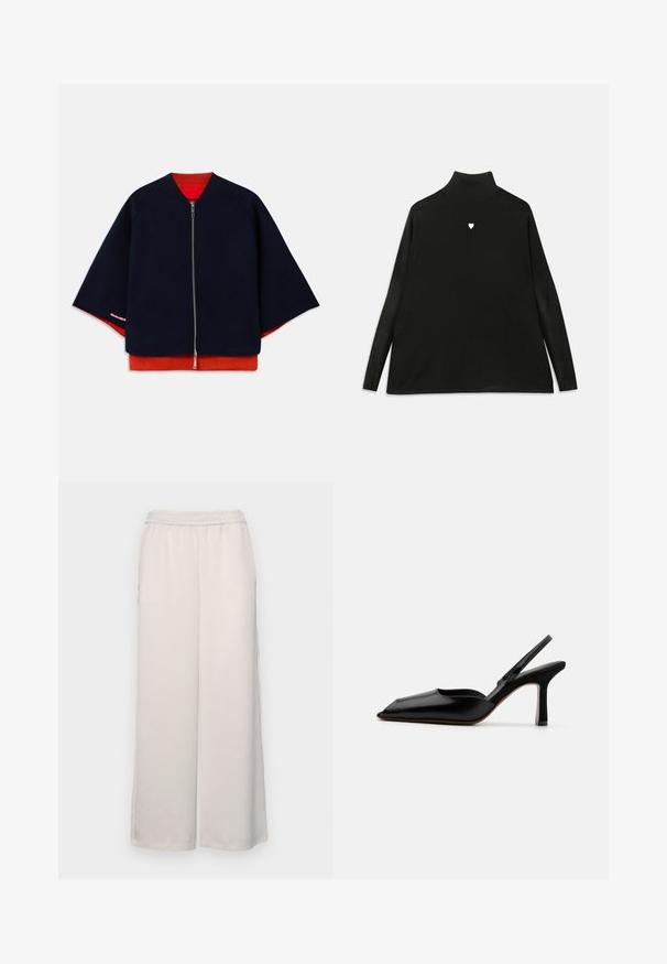 Marineblå hættetrøje med raglanærmer, rød inderside og kontrasterende lyserød syning. Blød tekstur med en afslappet, firkantet silhuet.; Sort turtleneck sweater med lange ærmer, prydet med et lille hvidt hjerteemblem på brystet. Blødt stof og afslappet pasform.; Lys beige brede bukser med elastisk talje. Glat stof, fuld længde, ingen synlige udsmykninger eller mønstre.; Sort læder slingback hæl med spids tå, minimalistisk design, tynd ankelrem og en slank stiletto hæl. Glat tekstur.