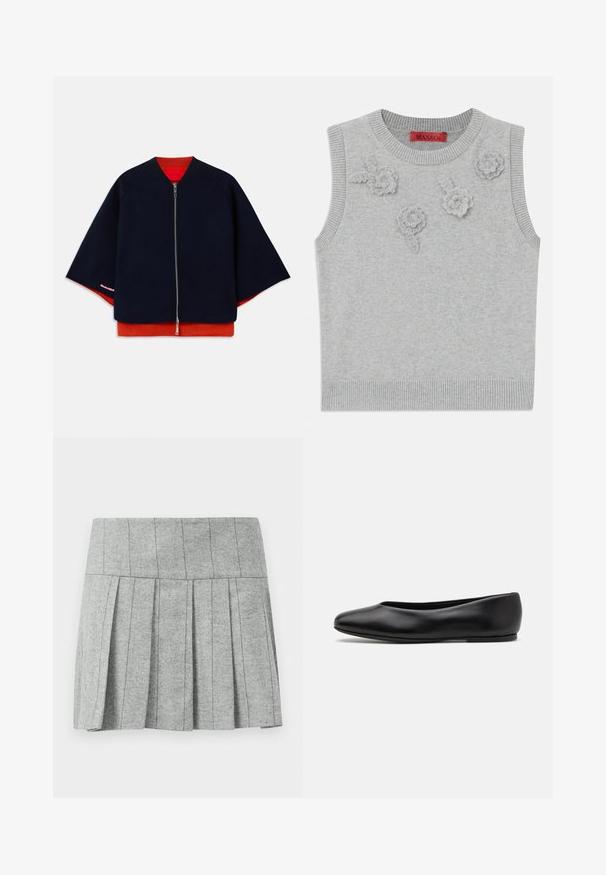 Giacca navy con zip, maniche raglan, fodera interna rossa e cuciture rosa a contrasto. Tessuto morbido con una silhouette rilassata e leggermente oversize.; Maglioncino senza maniche grigio chiaro con scollatura e orlo a costine. Presenta tre applicazioni floreali testurizzate sulla parte anteriore. Etichetta del marchio: MAX&Co.; Gonna grigia a pieghe realizzata in tessuto a motivo spigato; presenta una vita strutturata e un taglio dritto nella parte inferiore.; Paul Smith TOPANGA - Ballerine - black