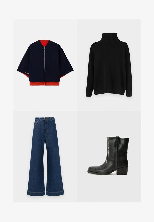 Marineblaue Zip-Jacke mit Raglanärmeln, rotem Innenfutter und kontrastierendem rosa Stich. Weicher Stoff mit einer entspannten, kastigen Silhouette.; Schwarzer Strickpullover mit hohem, geripptem Kragen, herabgesetzten Schultern und lockerer Passform. Verfügt über gerippte Bündchen und Saum für zusätzliche Textur.; Weite blaue Jeans aus Denim mit hoher Taille, ausgestattet mit einem Knopfverschluss, Gürtelschlaufen und dezenten Stichdetails an den Taschen und Säumen.; Schwarze Leder-Ankle Boots mit runder Zehenform, Blockabsatz, seitlichem Reißverschluss und gestickten Akzenten auf dem Blatt. Glatte Textur, klassisches Design.