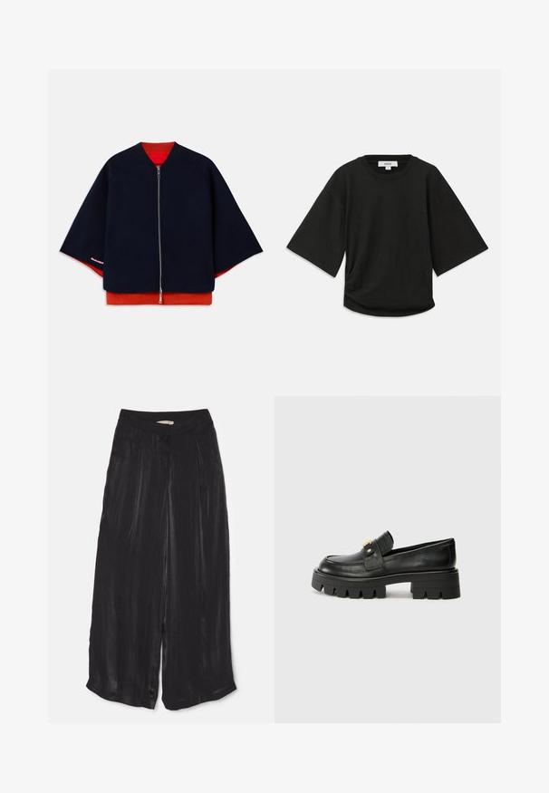 Marineblå zip-jakke med raglanermer, rød innerfôr og kontrasterende rosa sting. Myk tekstur med en avslappet, boxy silhuett.; Svart t-skjorte med korte ermer laget av myk bomull, med rund halslinning og en avslappet passform med en subtil rynke detalj på siden.; Sorte vide bukser laget av glatt satengstoff, med høy midje, frontfalter og en forkortet lengde med sidespalter.; Sorte skinnloafers med en kraftig såle, med en gulltoneakcent foran og en jevn finish. Kraftig mønsterdesign på sålen.
