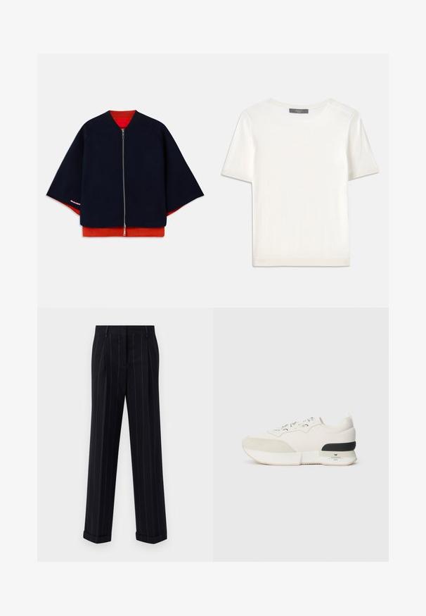 Tengerészkék zipzáras dzseki, raglán ujjakkal, piros béléssel és kontrasztos rózsaszín varrással. Puha tapintású, laza, dobozszerű sziluettel.; Fehér, rövid ujjú kötött felső, kerek nyakkivágással, sima textúrával és diszkrét bordázott részletekkel az ujjain és az alján.; Fekete csíkos nadrág, testre szabott fazonnal, cuffolt szegéllyel és elülső redőkkel. Sima anyagból készült, strukturált kialakítással.; Fehér sneaker, amelynek texturált velúr orrkáva van, sima hálós felsőrésze, díszcsipkéje, valamint fekete gumi sarok kiemelése.