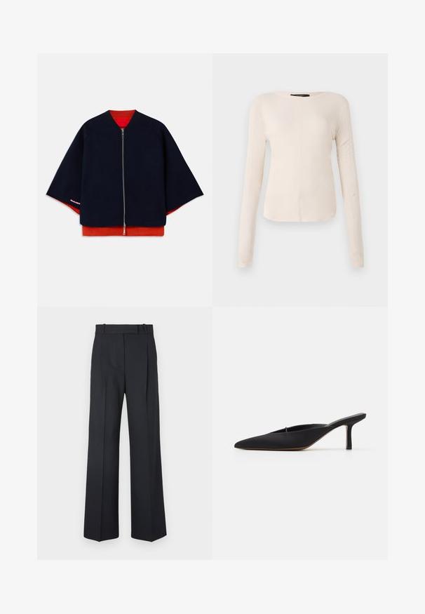 Marineblauwe zip-up jacket met raglanmouwen, rode voering en contrasterende roze stiksels. Zachte textuur met een ontspannen, boxy silhouet.; Langsleeve, lichtbeige top met een ronde halslijn. Gemaakt van zachte stof, heeft een centrale naad en een iets gebogen rand. Geen zichtbare hardware.; Donkerblauwe pinstriped broek met een hoge taille, wijde pijpen en zonder zichtbare hardware of versieringen. Glad textuur en nauwkeurige pasvorm.; Zwarte muiltje met spitse neus en een strak ontwerp, gemaakt van gladde stof, met een slanke hak en open achterkant voor gemakkelijk aan- en uittrekken.