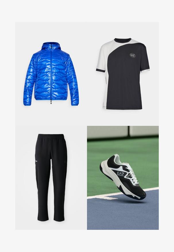 EA7 Emporio Armani ST MORITZ PADDED PACKABLE JACKET - Jachetă schi - new royal blue; Tricou cu mânecă scurtă, având un design bicolor în alb și negru, cu o textură fină și un logo EA7 pe față.; Pantaloni sport negri, cu talie elastică, buzunare laterale și imprimeuri subtile cu logo pe zona coapselor, expuși pe fundal alb.; Pantof sport EA7 Emporio Armani alb-negru suspendat deasupra liniilor albastre și verzi ale unui teren de tenis.