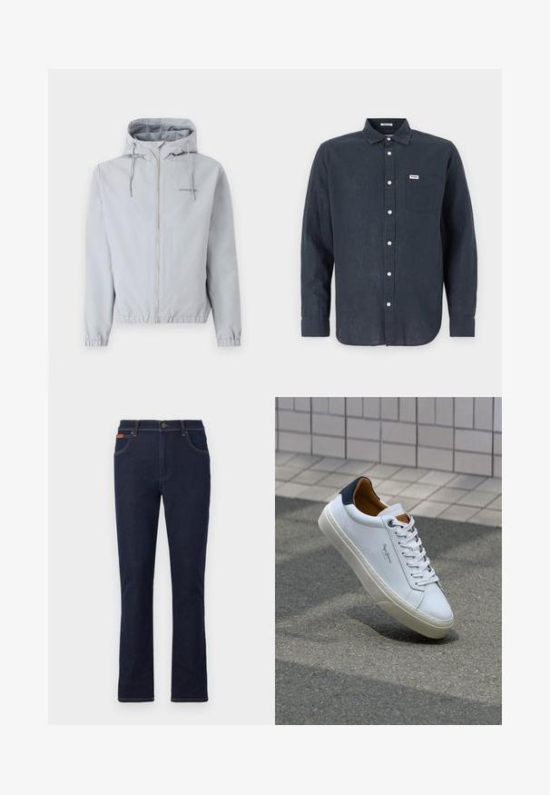 Veste zippée gris clair avec capuche, poignets élastiques et ourlet. Comprend des cordons de serrage et un petit logo sur la poitrine. Texture de tissu lisse.; Chemise à manches longues bleu foncé en lin, avec un col boutonné, une poche avant et des boutons blancs. Logo Wrangler sur la poche.; Jeans en denim bleu foncé avec une coupe droite, ornés de coutures orange, de cinq poches et d'une fermeture à bouton à la taille.; Sneaker en cuir blanc avec un talon bleu marine, bout rond et accents marron contrastés. Dispose de lacets plats et d'une semelle en caoutchouc texturée.