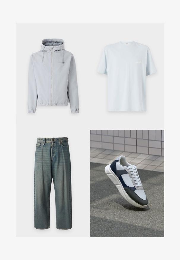 Jachetă cu fermoar de culoare gri deschis, cu glugă, manșete și tiv elastic. Prezintă șnururi și un mic logo pe piept. Textură de țesătură netedă.; Tricou din bumbac de culoare albastru deschis, cu guler rotund și mâneci scurte. Prezintă un mic logo alb în zona stângă a pieptului. Textură netedă.; Jeans din denim bleu deschis, cu o croială lejeră, talie medie și picioare drepte. Au cinci buzunare, bucle pentru curea și închidere cu nasture.; Tenisi albi, bleumarin și gri, cu un design din materiale mixte, având un superior texturat, șireturi plate și o talpă căptușită.