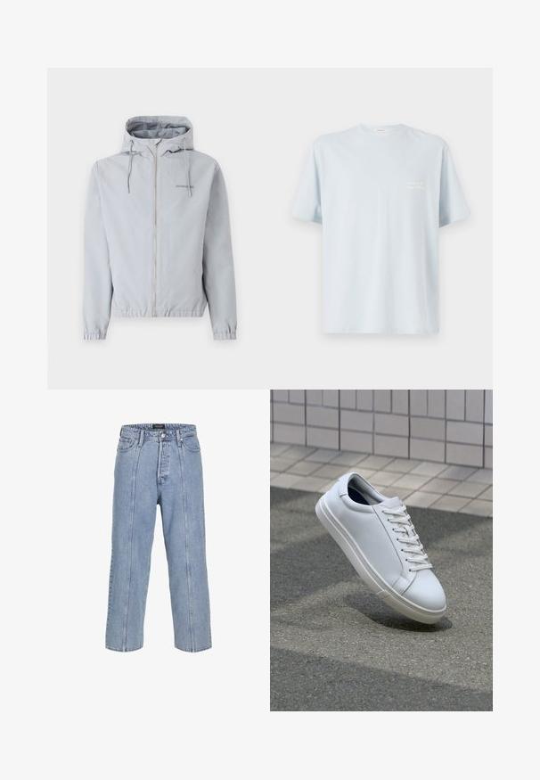 Gaiši pelēka cepure ar rāvējslēdzēju, ar kapuci, elastīgām aprocēm un apakšmalu. Ieskaitītas ir aukliņas un neliels logotips uz krūšu daļas. Gluda auduma tekstūra.; Gaiši zilas kokvilnas t-krekls ar apaļu izgriezumu un īsām piedurknēm. Uz kreisā krūts laukuma ir neliels balts logo. Gluda tekstūra.; Gai zilos džinsus ar brīvu piegriezumu, platām kājām un redzamām šuvēm. Iespējams, pogu un rāvējslēdzēja aizdare, pieci kabatas.; Baltas ādas sporta apavi ar gludu virsmu, šņorējams dizains un noapaļota purngala forma. Piedāvā teksturētu gumijas zoli un minimālistiskas detaļas.