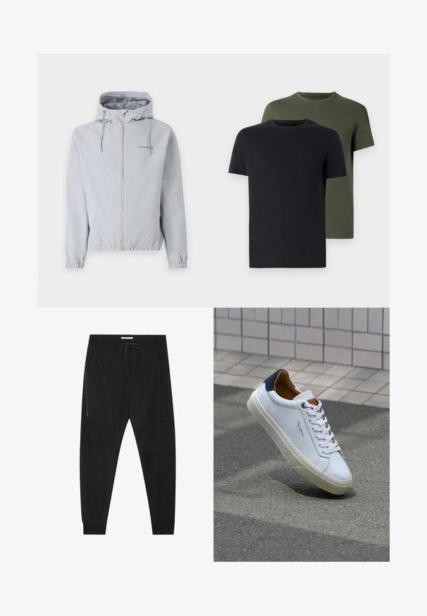Giacca zip con cappuccio di un grigio chiaro, con polsini e orlo elasticizzati. Presenta coulisse e un piccolo logo sul petto. Tessuto morbido al tatto.; Due magliette a girocollo in nero e verde oliva, realizzate in morbido cotone. Il design è semplice, con maniche corte e un taglio dritto.; Pantaloni sportivi neri in tessuto texturizzato, dotati di una vita regolabile, tasca laterale con zip e polsini a gamba affusolata.; Sneaker bianca in pelle con tallone blu, punta rotonda e accenti marroni a contrasto. Presenta lacci piatti e suola in gomma testurizzata.