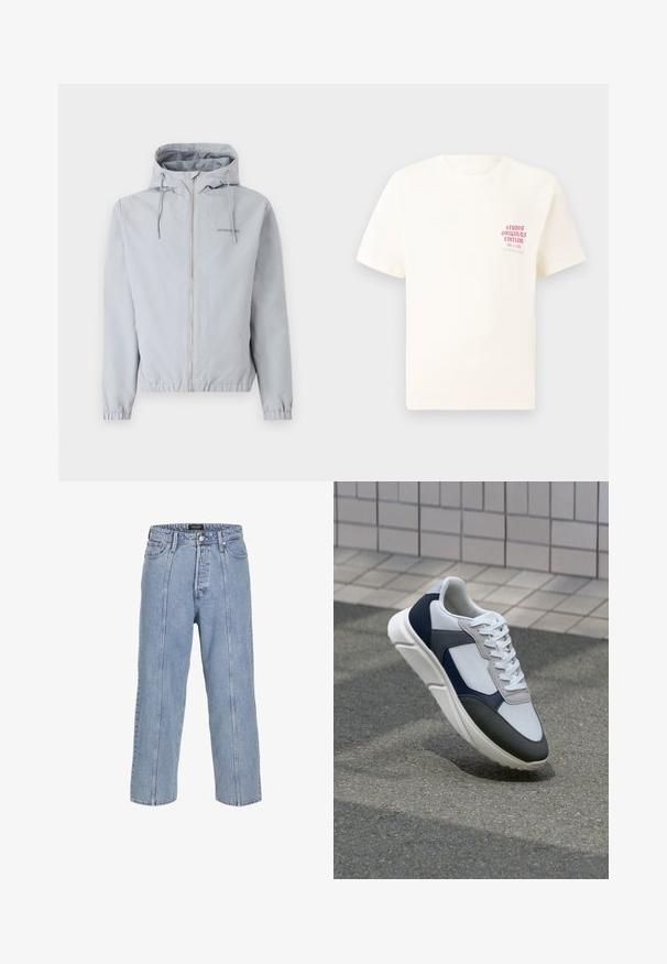 Light grey zip-up jacket with a hood, elastic cuffs, and hem. Features drawstrings and a small logo on the chest. Smooth fabric texture.; White short-sleeve T-shirt with red text "Studio Originals Edition" on left chest, displayed on a neutral gray background.; Light blue denim jeans with a loose fit, wide legs, and visible stitching details. Features a button and zip fly closure, five pockets.; White, navy, and gray sneaker with a mixed material design, featuring a textured upper, flat laces, and a cushioned sole.