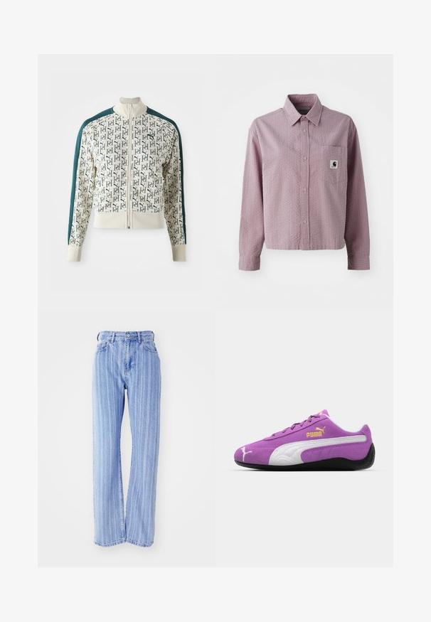 Takki, jossa on kerma-valkoinen pääosa toistuvalla vihreällä logokuviolla, kontrastivihreät hihat, korkea kaulus ja edessä vetoketju.; Vaaleanpunainen nappikauluspaita, jossa on teksturoitu kuosi, pitkät hihat, rintatasku ja pieni logotagi taskussa.; Vaaleat siniset farkut, joissa on pystysuoria valkoisia raitoja, korkea vyötärö, löysä istuvuus, viisi taskua ja napilla toimiva sulkeminen.; Violet nahka-tossut valkoisilla yksityiskohdilla, kultainen "Puma"-logo, teksturoitu muotoilu ja musta kumipohja. Matalakantaiset urheilumallit.