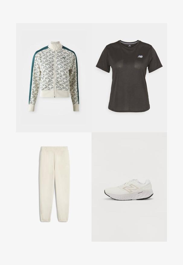 Veste avec un corps crème et un motif logo vert répétitif, des manches vert foncé contrastantes, un col haut et une fermeture éclair à l'avant.; T-shirt de sport noir à manches courtes, fabriqué en tissu léger. Présente un motif texturé subtil et un petit logo blanc sur la poitrine.; Pantalons de survêtement beige clair en tissu doux, avec une taille élastique, des chevilles resserrées et un petit logo blanc sur le côté.; Chaussure de sport blanche avec tige en mesh, col rembourré et semelle épaisse et texturée. Présente un accent gris clair et le logo "New Balance" sur le côté.