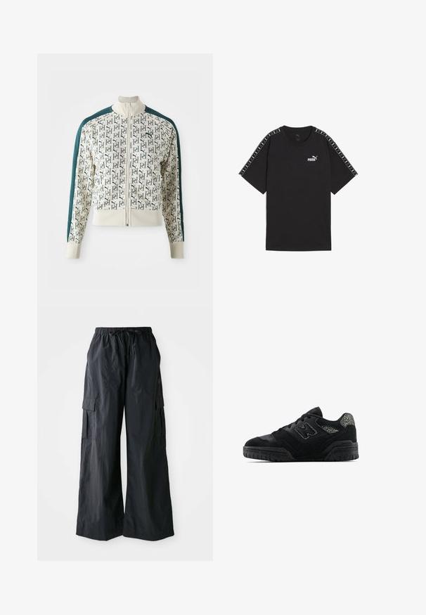 Jacka med en krämfärgad kropp med ett upprepande mönster av gröna logotyper, kontrasterande mörkgröna ärmar, hög krage och dragkedja framtill.; Svart t-shirt med kort ärm i bomull. Har en vit Puma-logotyp på bröstet och mönstrade detaljer på axlarna. Standard passform och rund halsringning.; Svarta cargobyxor i lätta material, med breda ben, elastisk midja och flera sidofickor. Enkla och funktionella.; Svart låg sko med texturerad sula, snörningsdesign, mockadetaljer och mönstrade accenter på häl och sidologotyp.