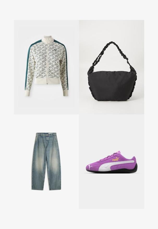 Bunda s krémovým telom a opakujúcou sa zelenou logovou potlačou, kontrastnými tmavohnedými rukávmi, vysokým golierom a predným zipsom.; Krémové tričko s dlhým rukávom, na ktorom je výrazný červený nápis "COPENHAGEN" v zakrivenom dizajne. Mäkký bavlnený materiál. Štandardný strih.; Modré široké vyblednuté džínsy s prednými vreckami, pútkami na opasok, zipsom a zapínaním na gombík, položené na bielom pozadí.; Fialové semišové tenisky s bielymi akcentmi, zlatým logom "Puma", textúrovaným dizajnom a čiernou gumovou podrážkou. Nízkoprofilový atletický štýl.; Čierna látková taška s mäkkým, štruktúrovaným telom a zhobenými detailmi na stranách. Disponuje vrkočovou rukoväťou na nosenie.