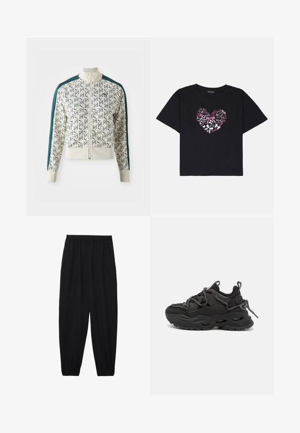 Jakke med en kremfarget kropp som har et gjentagende grønt logomønster, kontrasterende mørkegrønne ermer, høyt krage og en frontglidelås.; Svart bomull T-skjorte med korte ermer, med et hjerte-design laget av fargerike sløyfer i rosa, hvitt og svart i midten.; Svarte, lette bukser med elastisk liv og rynkede ankler. Stoffet er glatt og har en avslappet, innsvingt design.; Svarte treningssko med teksturert stoffoverdel, tykk gummisåle og kontrasterende snøringsdetaljer. Har forsterket hæl og branding.