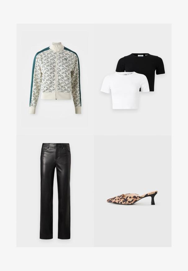 Jacke mit einem cremefarbenen Körper und einem sich wiederholenden grünen Logomuster, kontrastierenden dunkelgrünen Ärmeln, einem hohen Kragen und einem Frontreißverschluss.; Set aus zwei kurzärmligen, taillierten T-Shirts in Schwarz und Weiß, aus geripptem Stoff mit rundem Ausschnitt und figurbetontem Schnitt.; Schwarze Lederhosen mit geradem Schnitt, ausgestattet mit einem Knopfverschluss und frontalen Taschen. Glatte Textur mit dezenten Nähdetails.; Spitz zulaufender Muleschuh mit Leopardenmuster-Obermaterial und niedrigem schwarzen Kittenheel auf hellen Hintergrund.